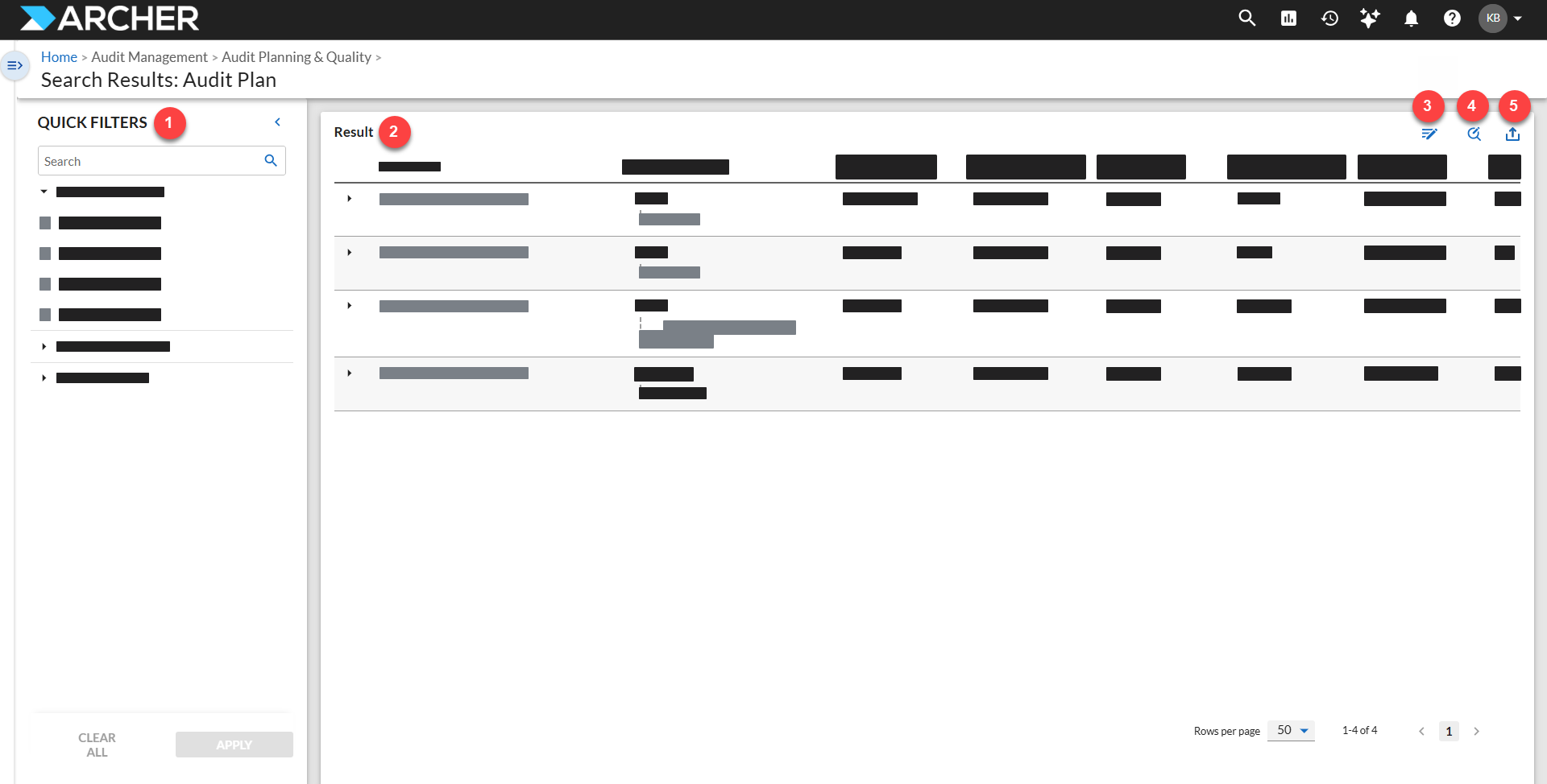 Generic search results page wtih callouts for Options, Manage Columns, and Refine By.